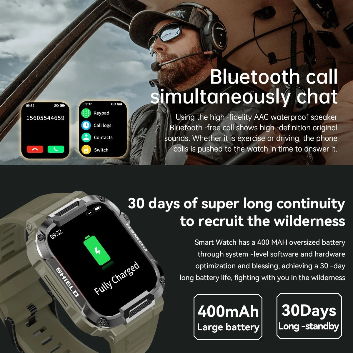 Rugged Military Smart Watch Ftiness Watches Ip68 Waterproof 1.85'' AI Voice Bluetooth Call Smartwatch 2023