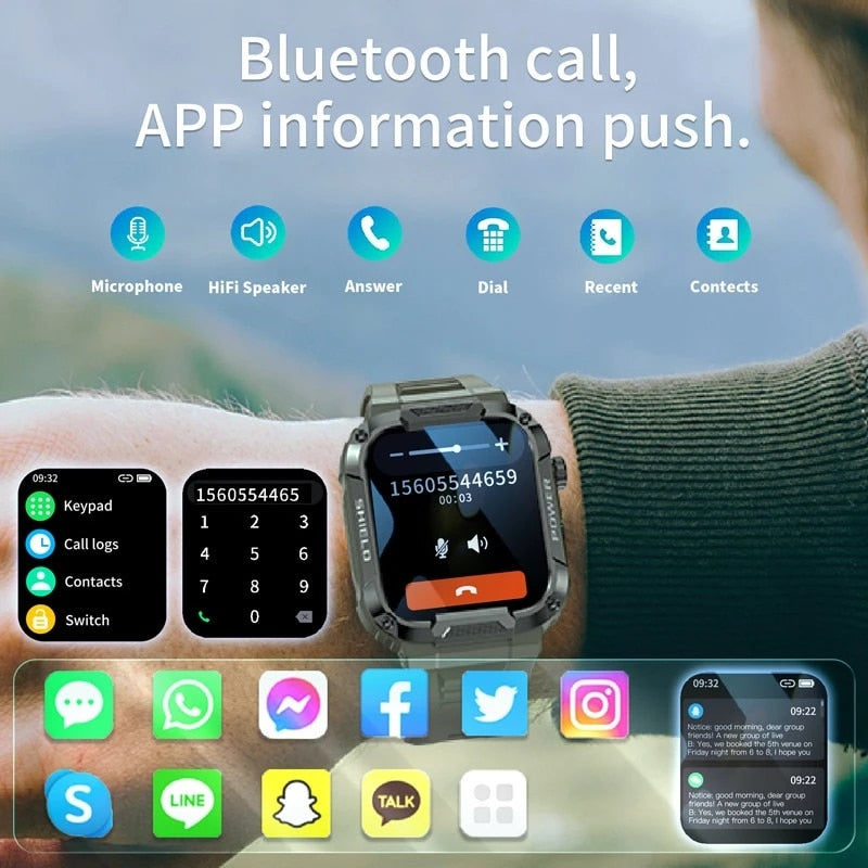 Rugged Military Smart Watch Ftiness Watches Ip68 Waterproof 1.85'' AI Voice Bluetooth Call Smartwatch 2023