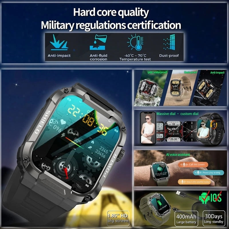 Rugged Military Smart Watch Ftiness Watches Ip68 Waterproof 1.85'' AI Voice Bluetooth Call Smartwatch 2023