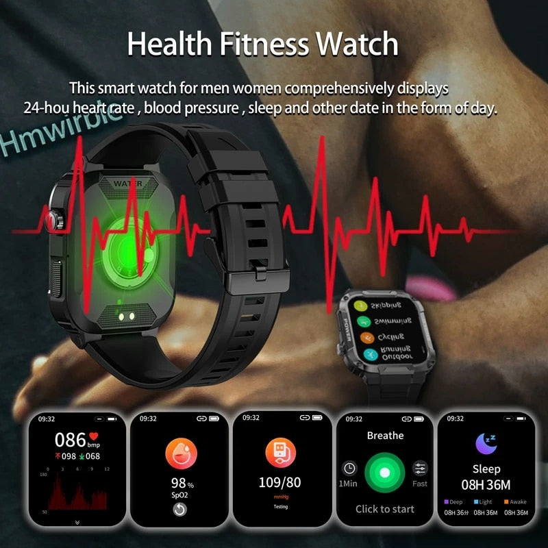 Rugged Military Smart Watch Ftiness Watches Ip68 Waterproof 1.85'' AI Voice Bluetooth Call Smartwatch 2023