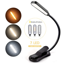 Load image into Gallery viewer, Rechargeable Book Light Mini 7 LED Reading Light 3-Level Warm Cool White Flexible Easy Clip Lamp Read Night Reading Lamp in Bed
